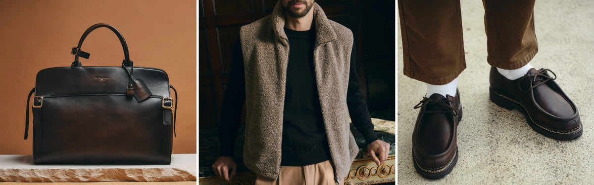 Rappresentazione di accessorio, indossato abbigliamento e calzature uomo per copertina articolo moda FW26 - Setaccio boutique