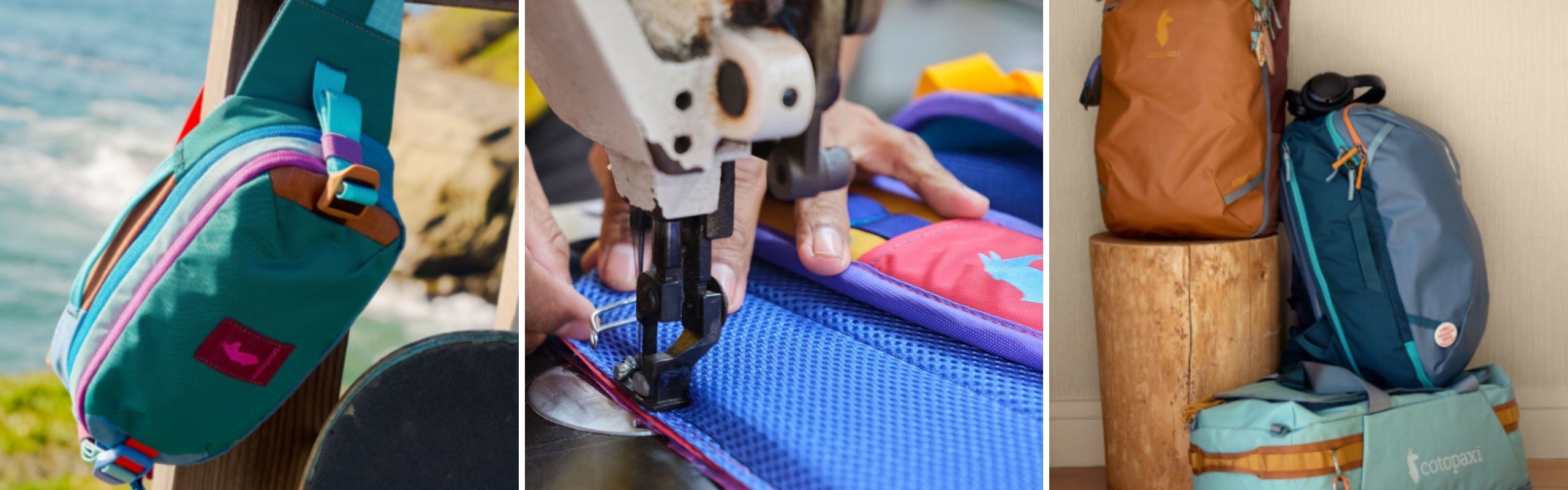 Outdoor Cotopaxi: marsupi e zaini multicolor Allpa e Del Día. Dettaglio produzione etica e sostenibile | Setaccio Novara
