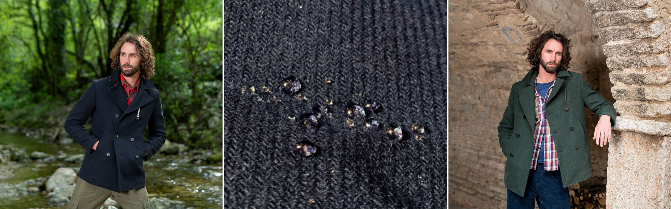 Peacoat Camplin uomo: lana idrorepellente blu e verde con dettaglio gocce d'acqua sul tessuto tecnico | Setaccio