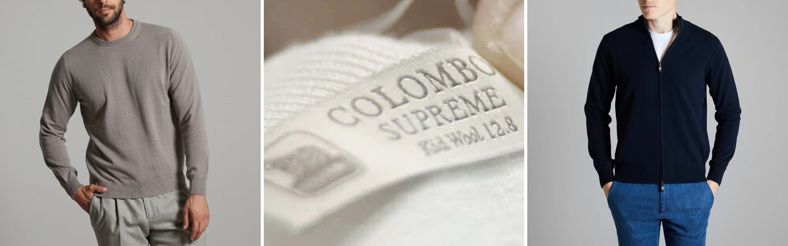 Colombo: maglione grigio, etichetta Supreme Kid Wool 12.8 e cardigan zip navy in Kid Cashmere | Setaccio Novara