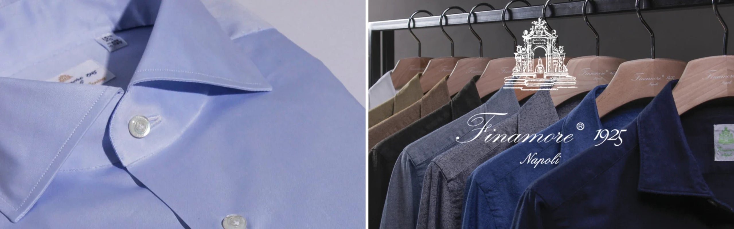 Finamore: dettaglio camicia sartoriale azzurra Milano e varietà colori - Alta camicieria Napoli 1925 | Setaccio Novara