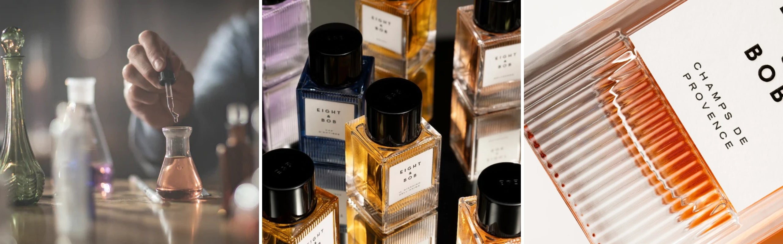 Eight&Bob: processo creativo profumi eleganti e senza tempo, mix boccette e dettaglio Champs de Provence | Setaccio