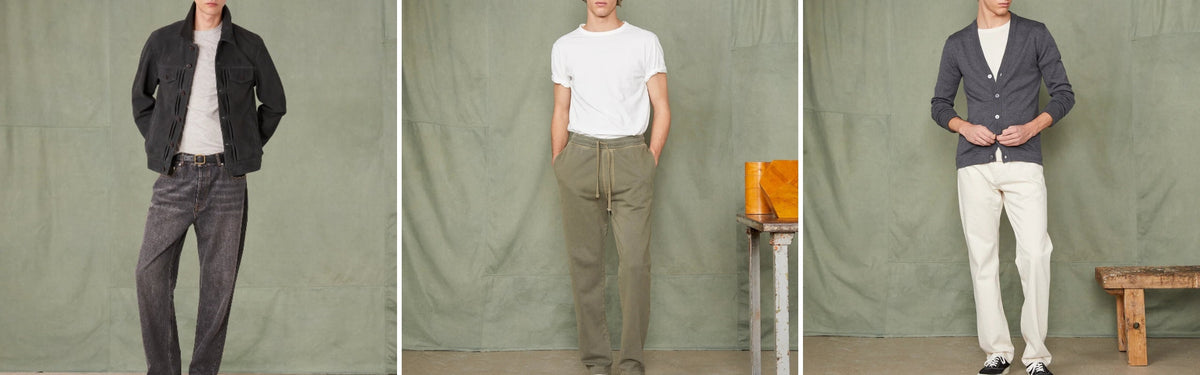 Officine Générale uomo: look con capospalla nero, pantalone cotone e cardigan grigio. Stile essenziale raffinato | Setaccio