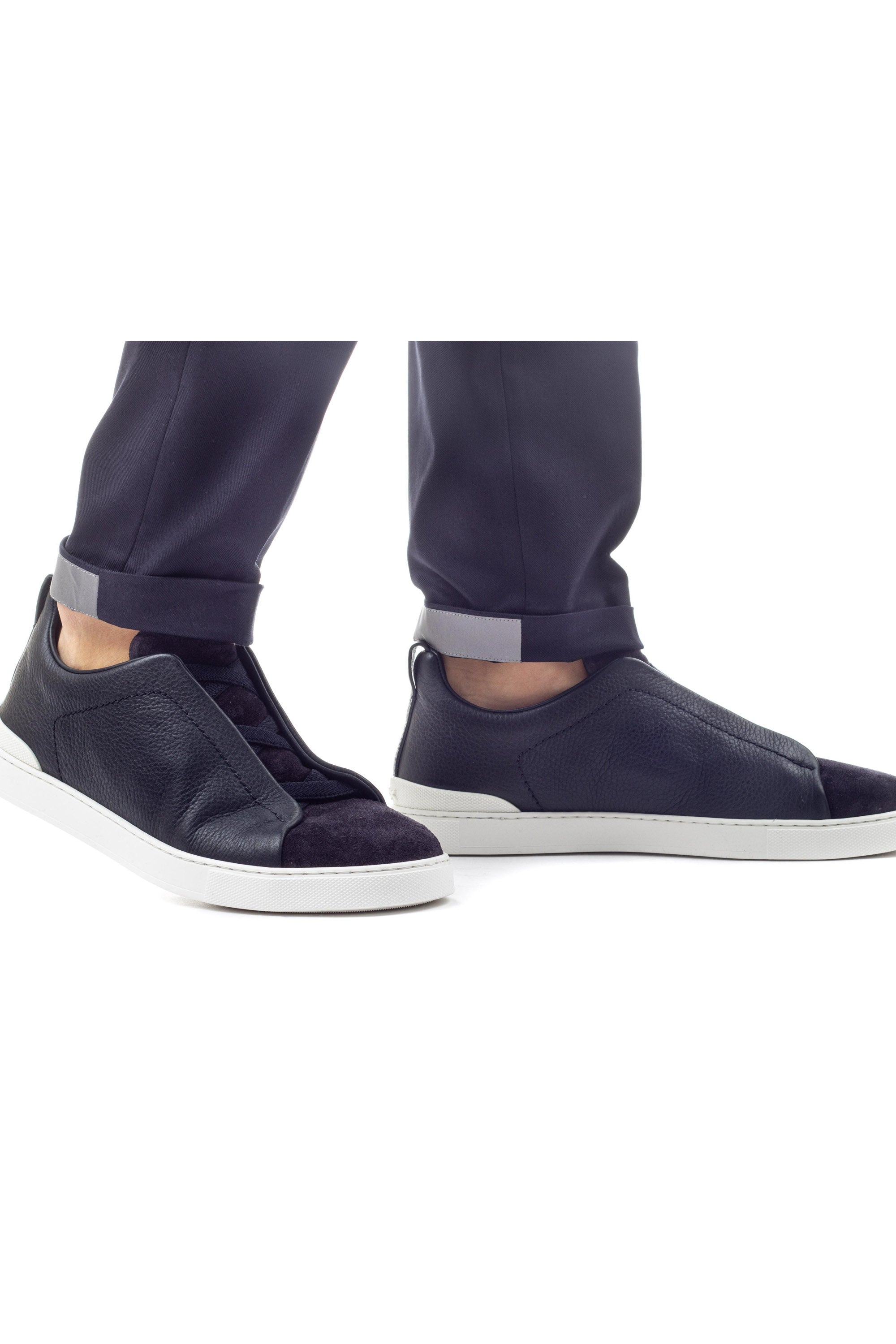 Zegna Sneakers Triple Stitch bimateriale in pelle e camoscio LHRHS A4667X NAV