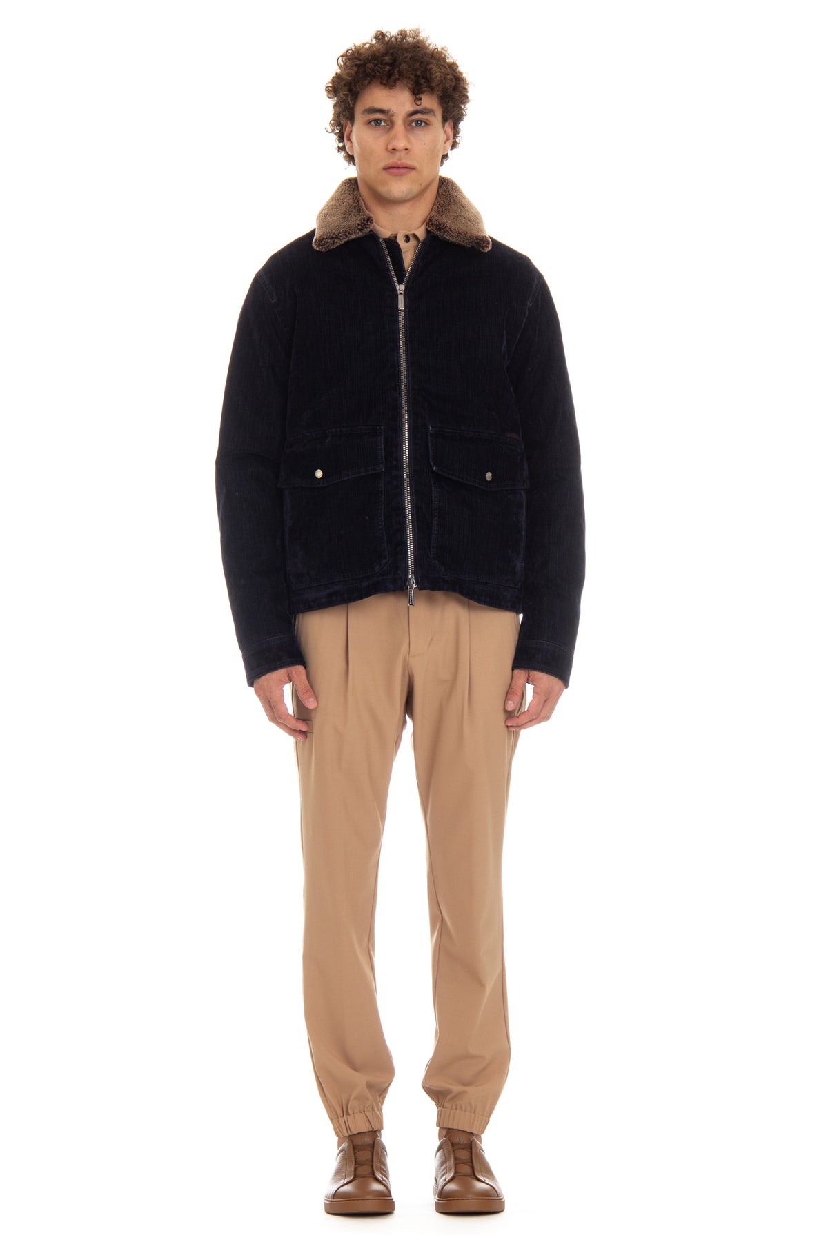 Moorer Bomber in denim floccato imbottito in piuma con collo in montone HENDRIC-41 DARK BLU