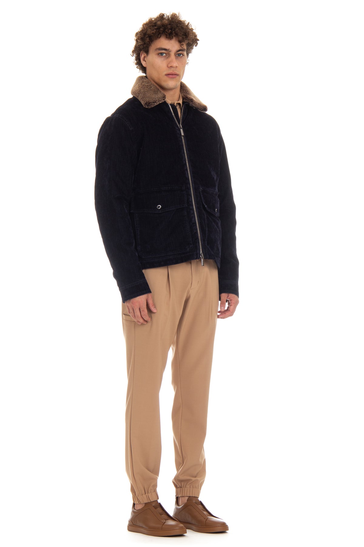 Moorer Bomber in denim floccato imbottito in piuma con collo in montone HENDRIC-41 DARK BLU