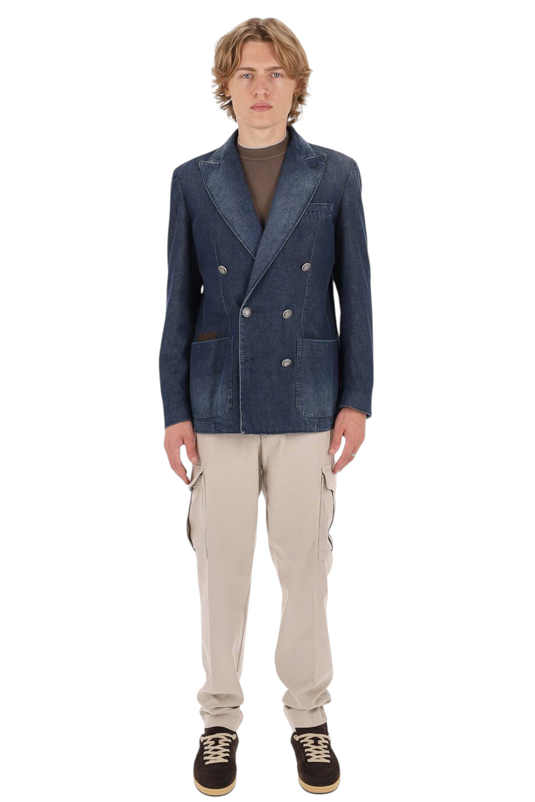 Jacob Cohen Giacca doppiopetto in denim di cotone con profili in pelle I0013 081 T811A 100D