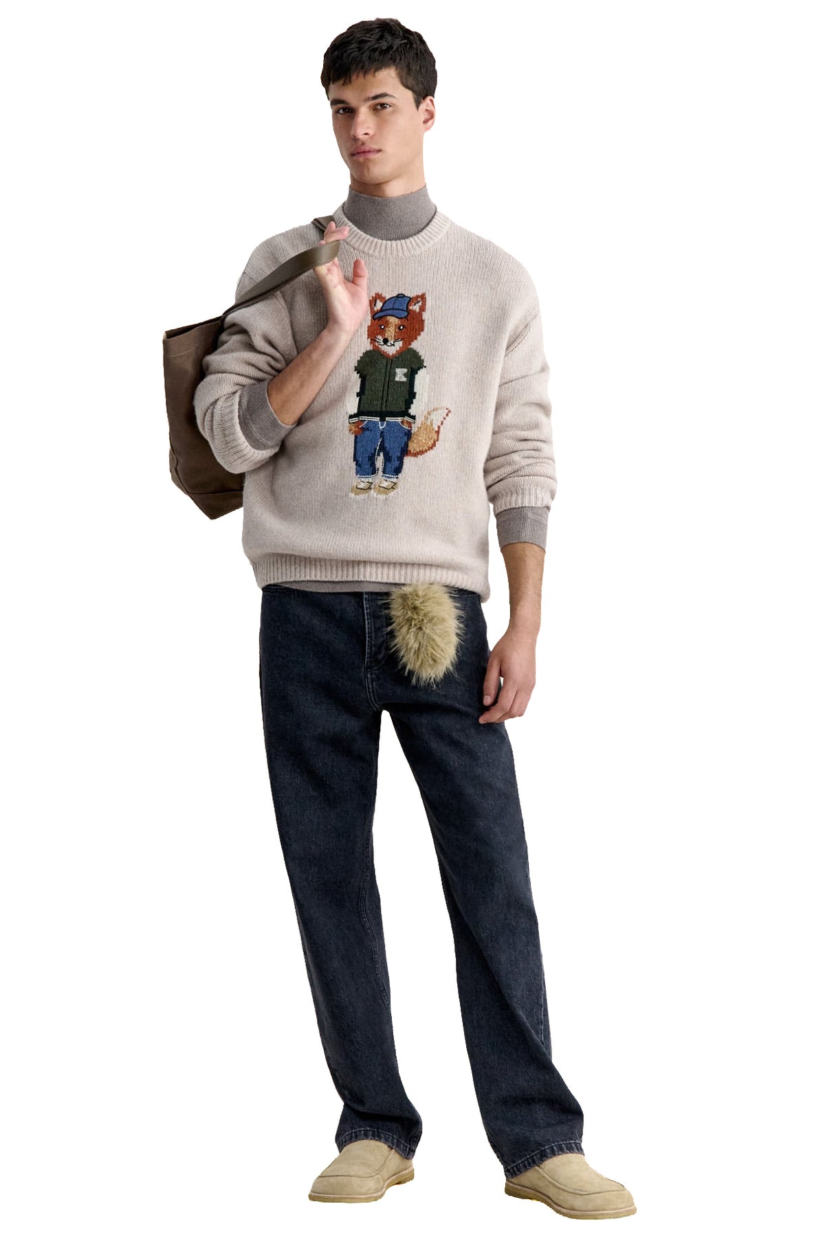 Maison Kitsuné Maglia girocollo Dressed Fox Intarsia in lana Moon Beige MRMKJ02KT1241 MOON BEIGE
