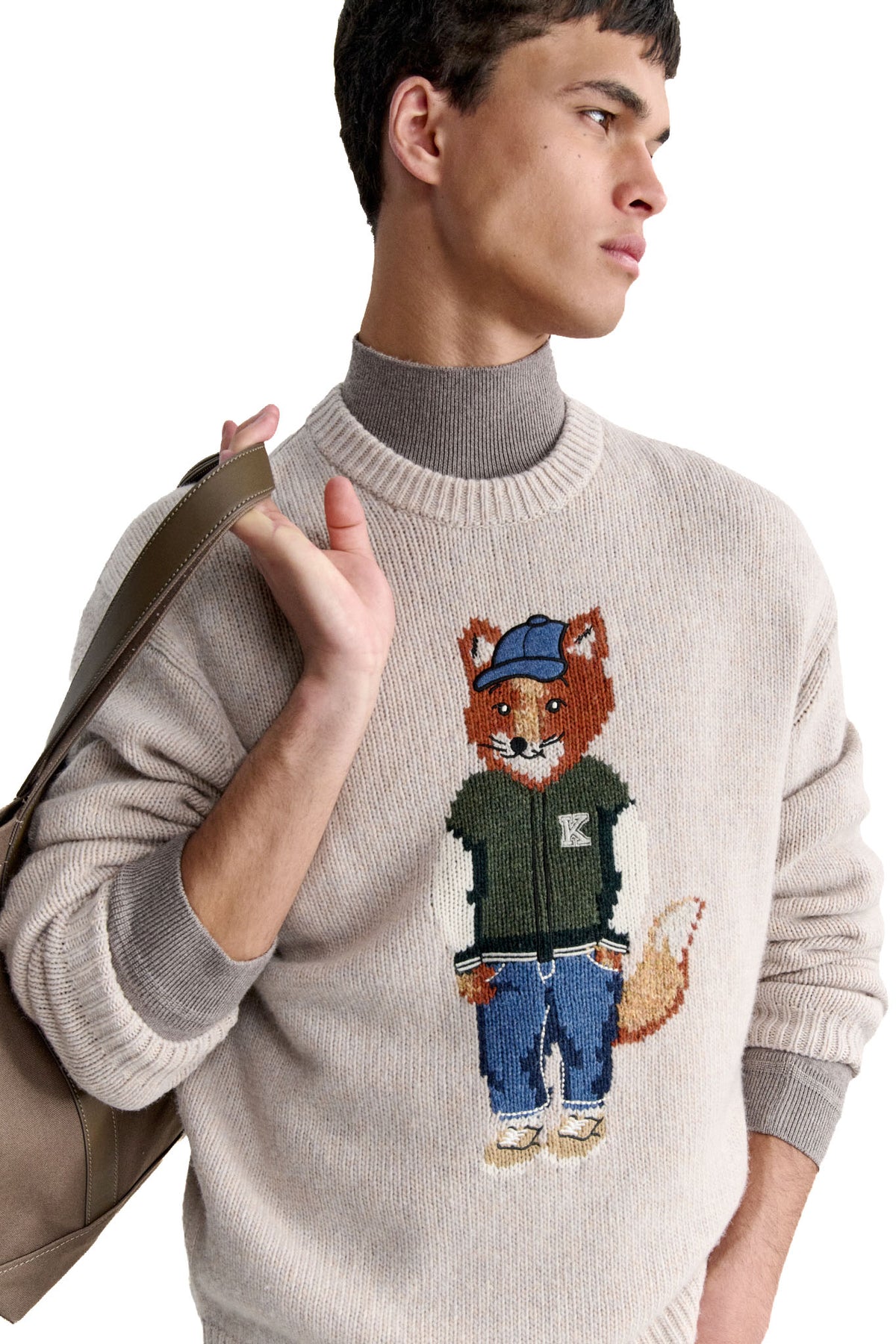 Maison Kitsuné Maglia girocollo Dressed Fox Intarsia in lana Moon Beige MRMKJ02KT1241 MOON BEIGE