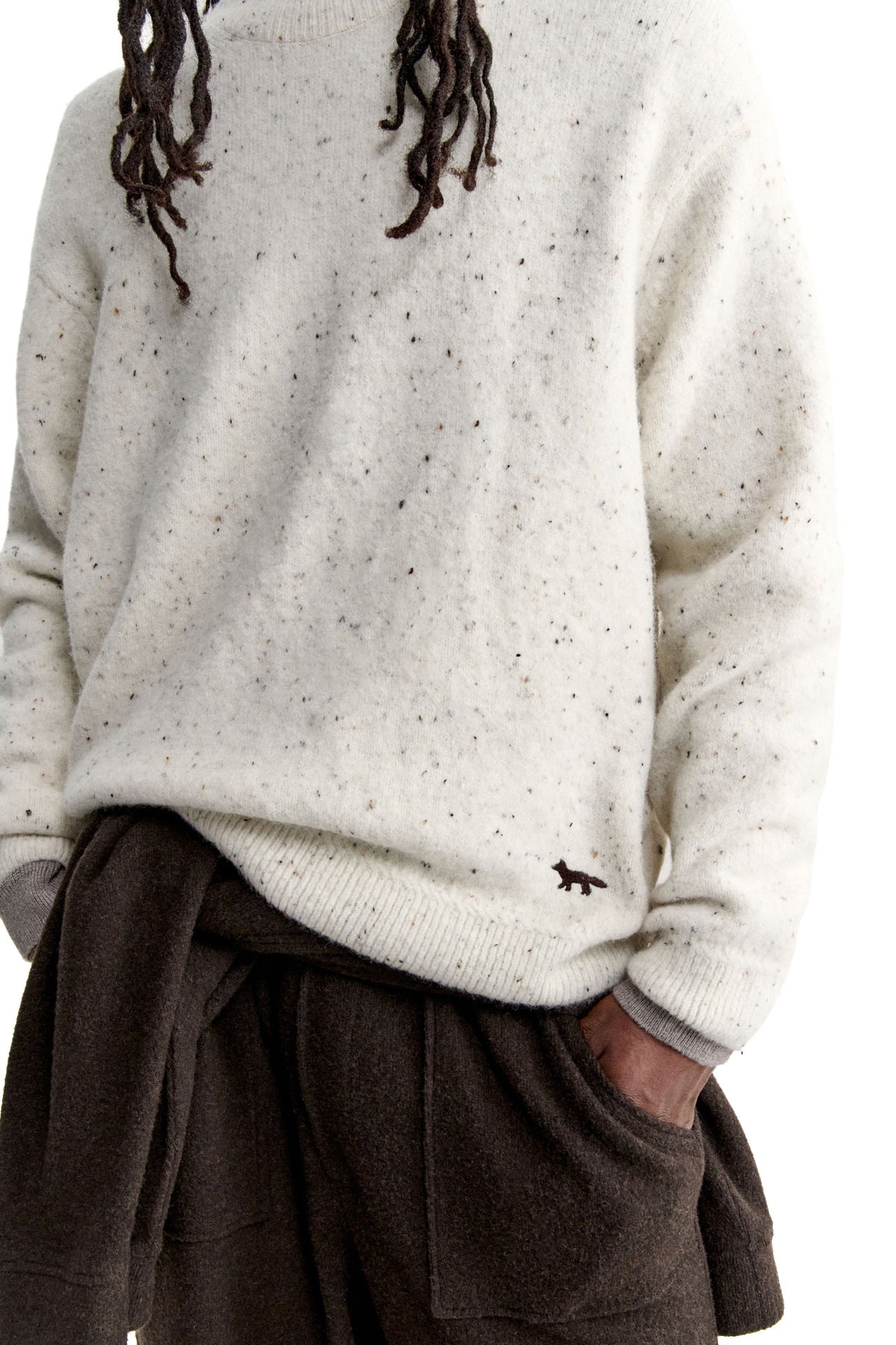 Maison Kitsuné Maglia girocollo Profile Fox in alpaca puntinato Pure Ecru MRMKJ14KT1219 PURE ECRU