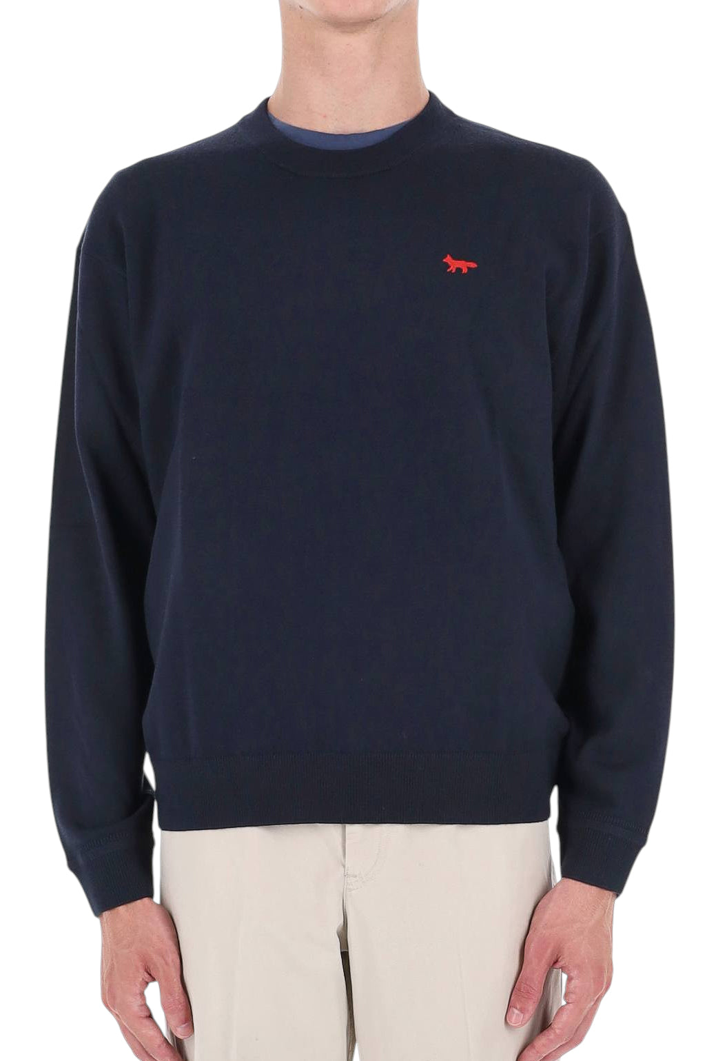 Maison Kitsuné Maglia girocollo in lana con Red Profile Fox MRMKJ24KT1239 CLASSIC NAVY