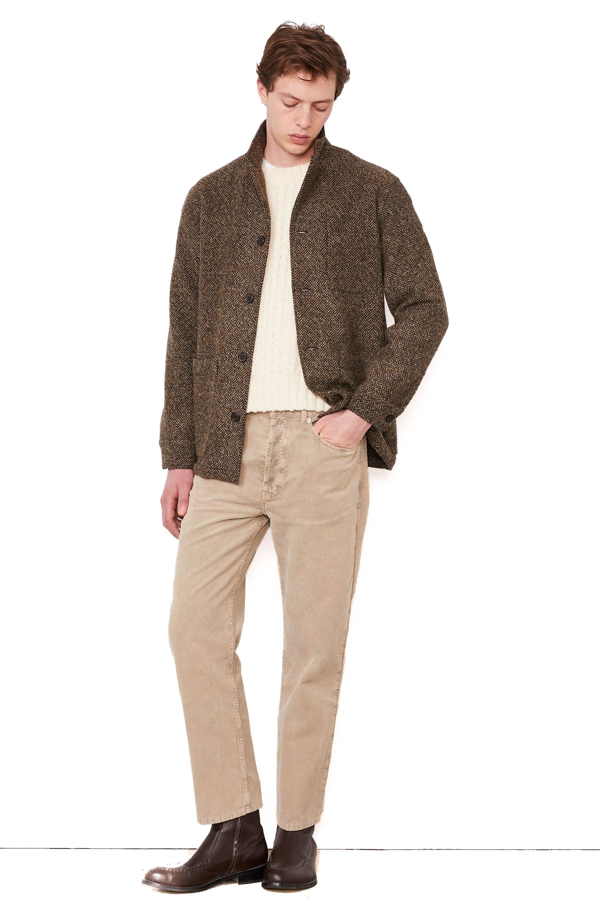 Officine Générale Overshirt Sheldon in pura lana Shetland a spina di pesce MOVS077 BEIGE/COFFE/DKNAVY