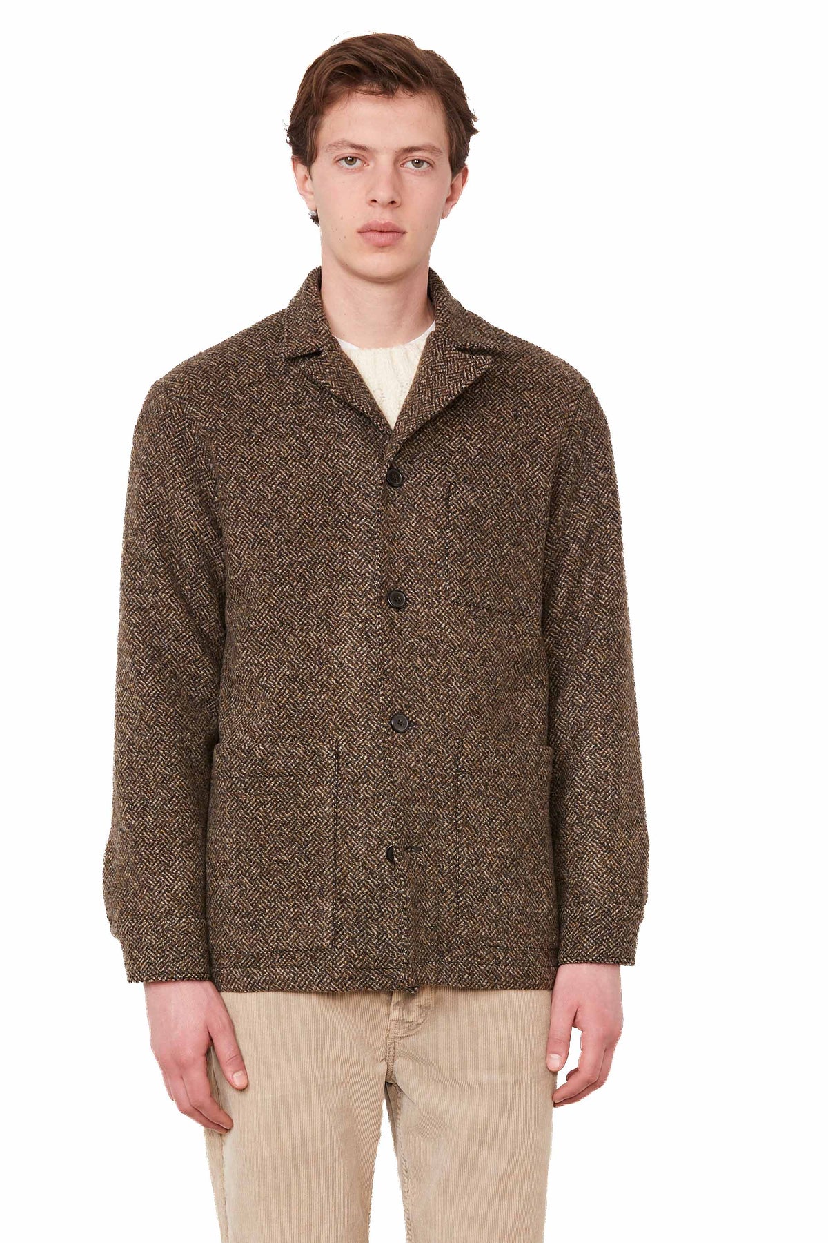 Officine Générale Overshirt Sheldon in pura lana Shetland a spina di pesce MOVS077 BEIGE/COFFE/DKNAVY