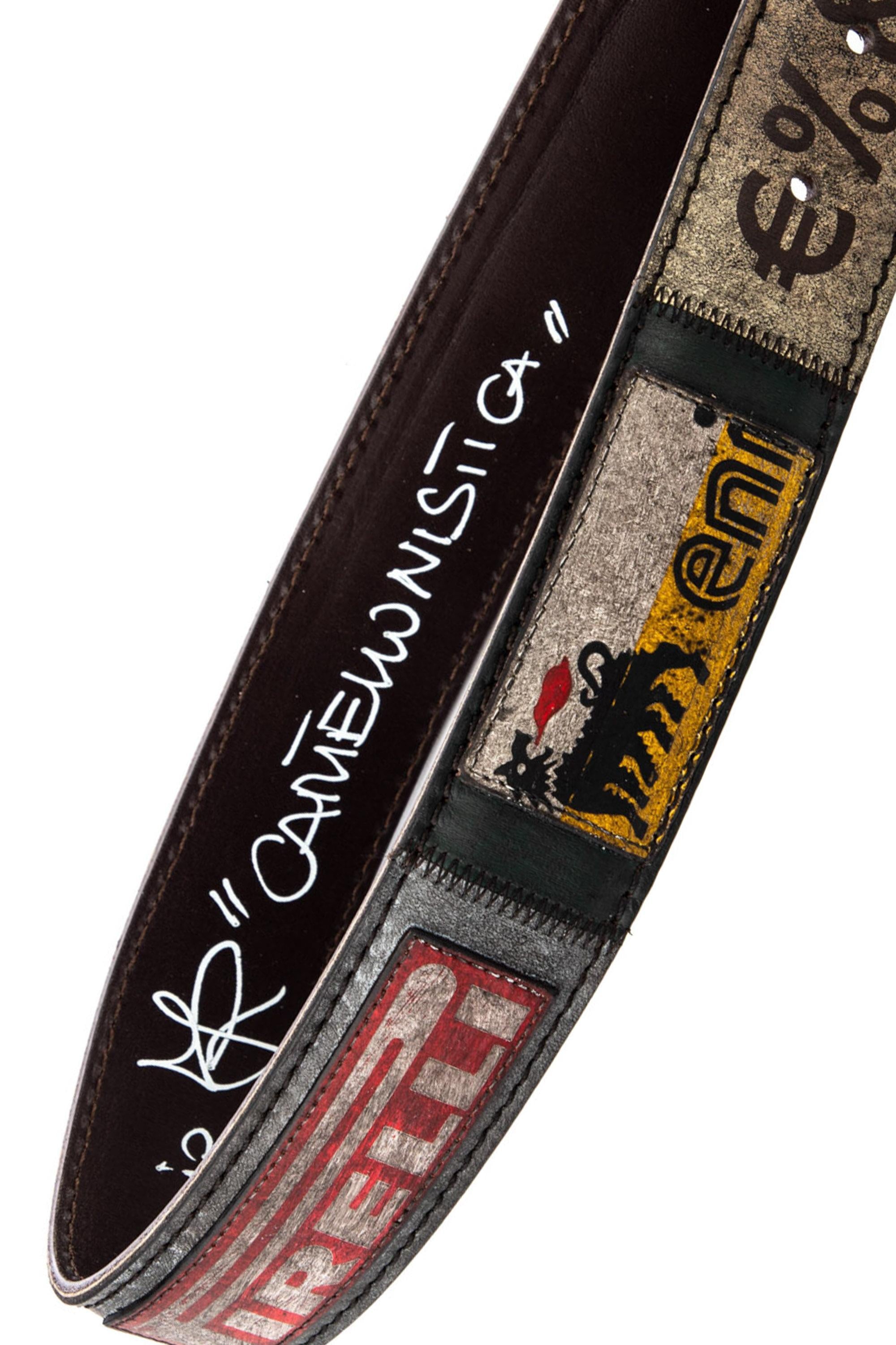 Artigianato Italiano Cintura artigianale in pelle toni scuri "Cartellonistica" CARTELLONISTICA DRK MLTCLR