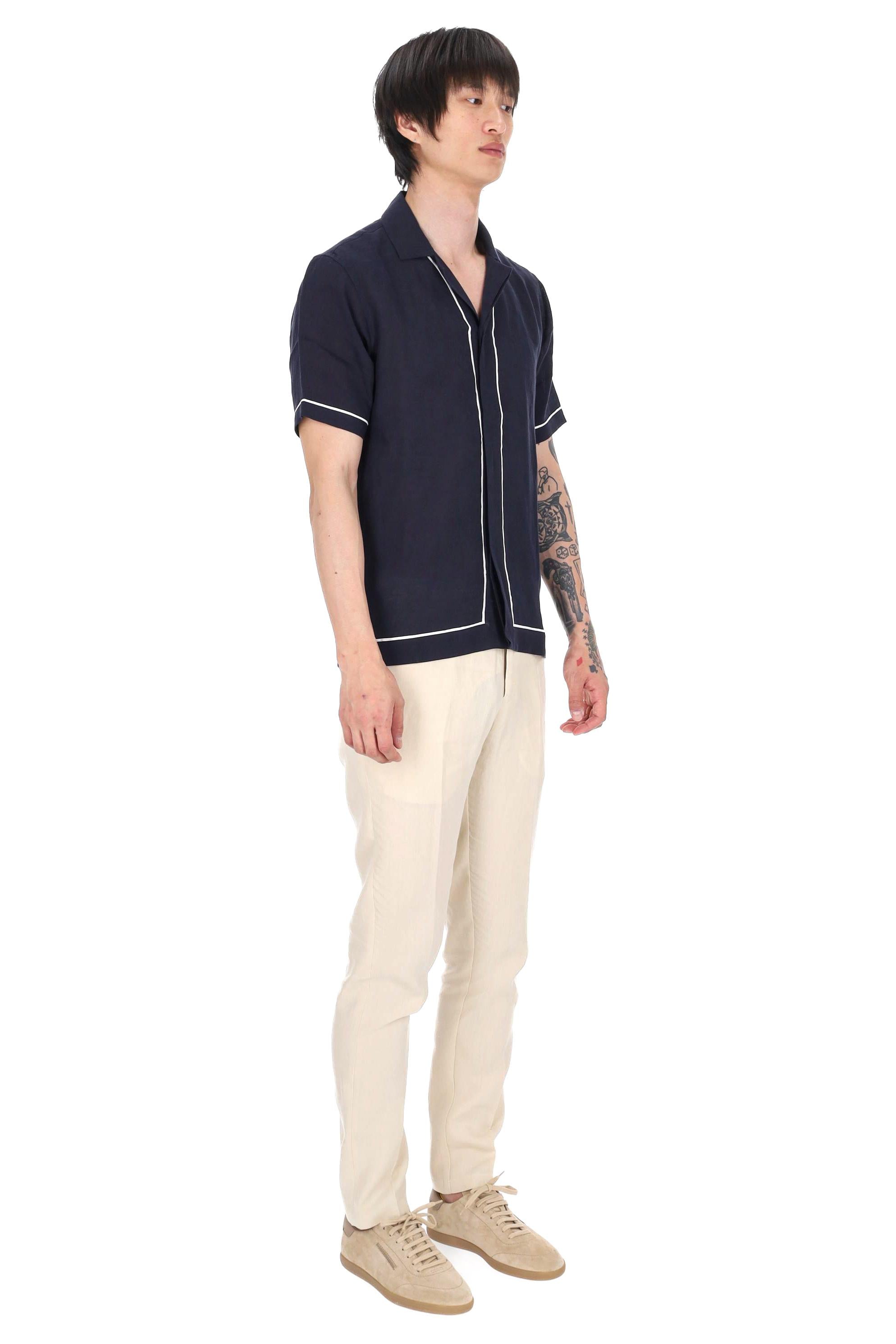Orlebar Brown Camicia in lino double piping mod. Maitan 281817 NIGHT IRIS/WHITE SAND