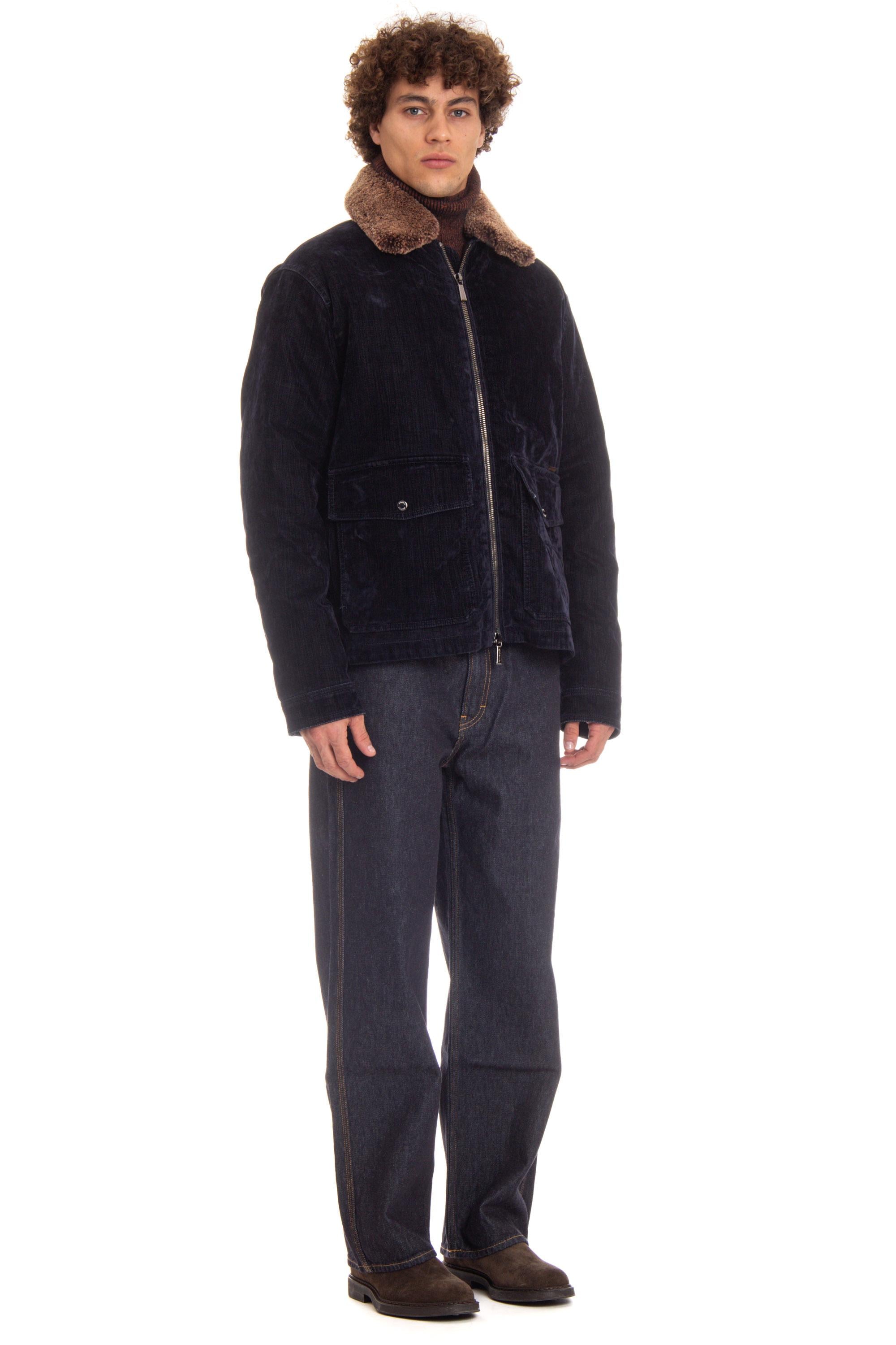 Moorer Bomber in denim floccato imbottito in piuma con collo in montone HENDRIC-41 DARK BLU