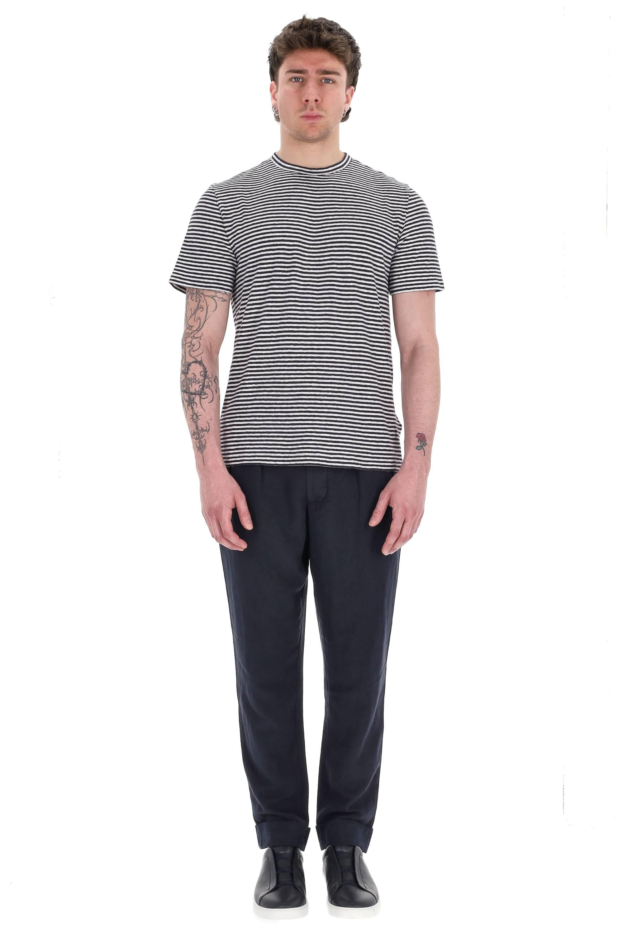 Officine Générale T-shirt a righe orizzontali in cotone-lino MTEE226 NAVY/WHITE