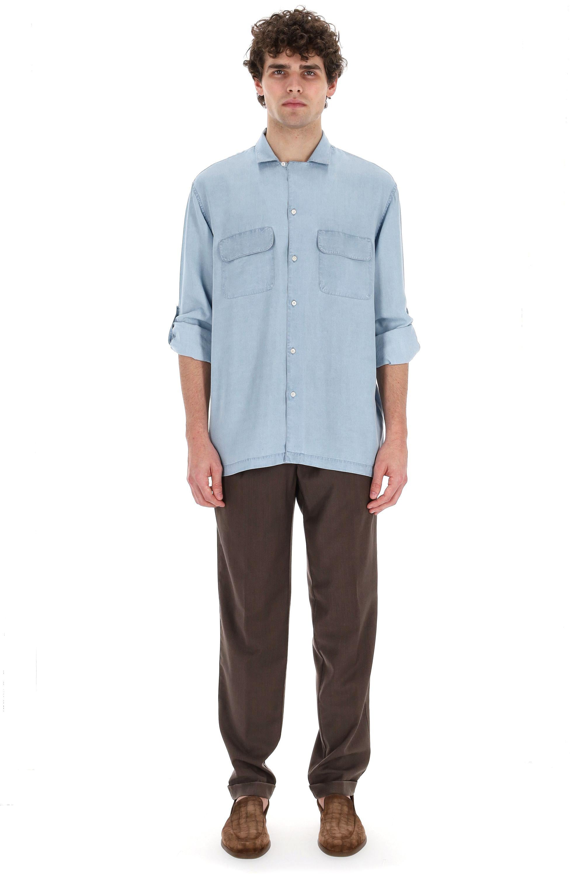 Officine Générale Camicia in lyocell collo bowling mod. Leto MSHI031 LIGHT BLUE