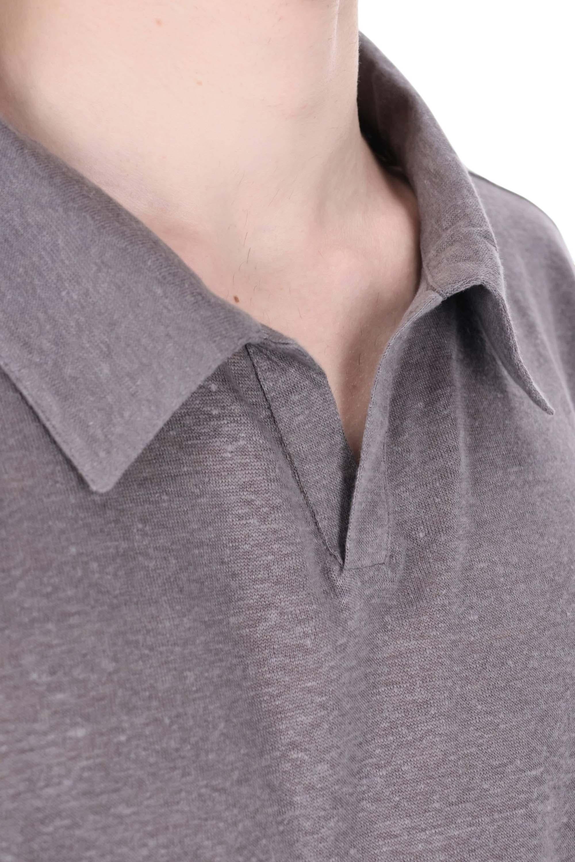 Officine Générale Polo in lino open collar MTEE214 SMOKED PEARL