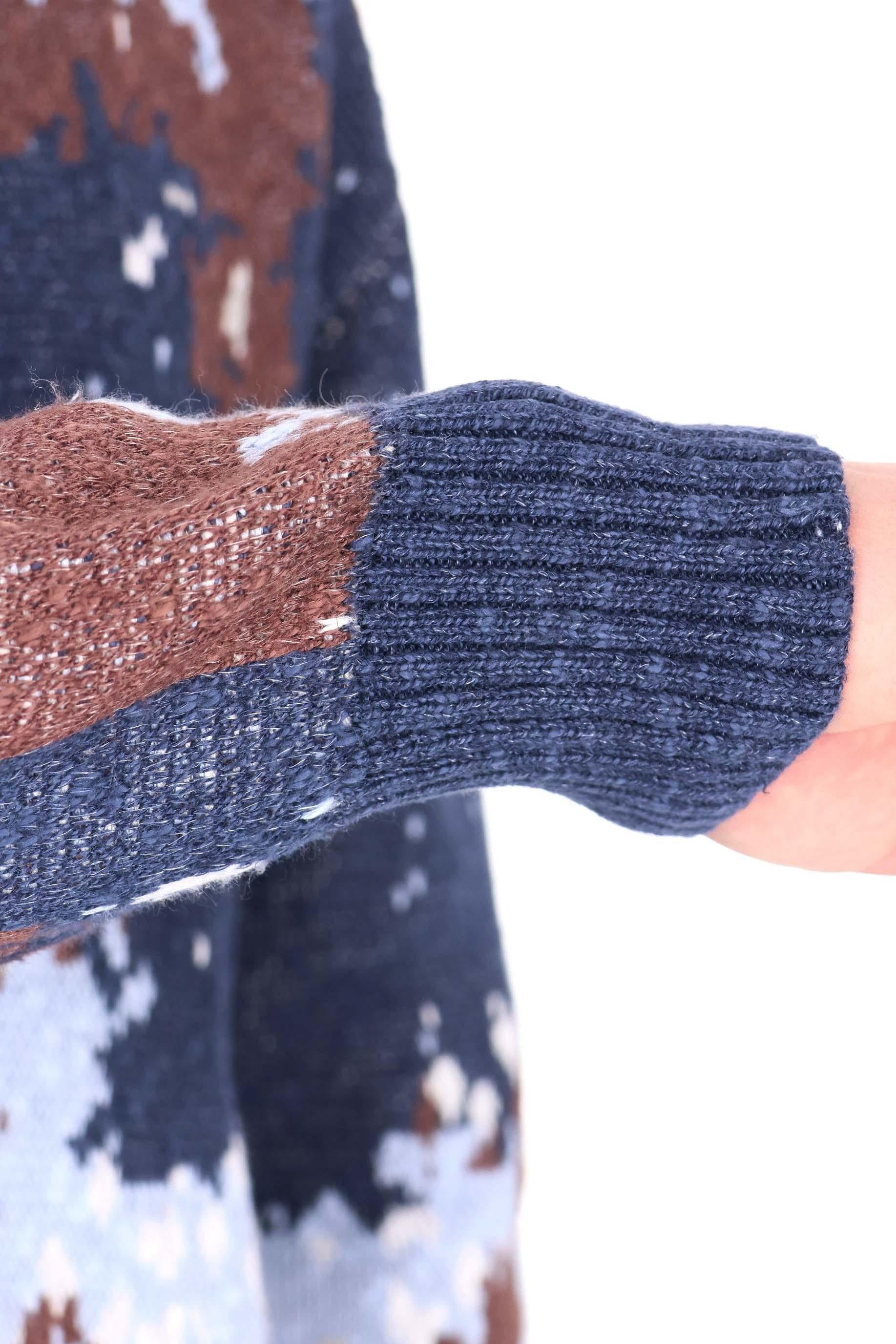 Officine Générale Maglia cardigan in cotone-lino terry jacquard MKNT307 NV/COCOA/BLUE/WH