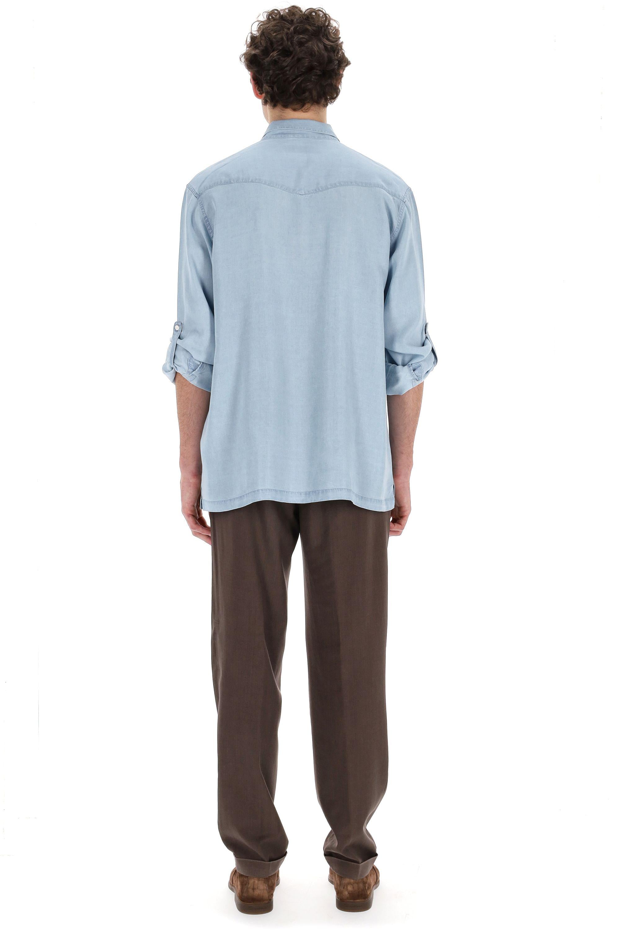 Officine Générale Camicia in lyocell collo bowling mod. Leto MSHI031 LIGHT BLUE