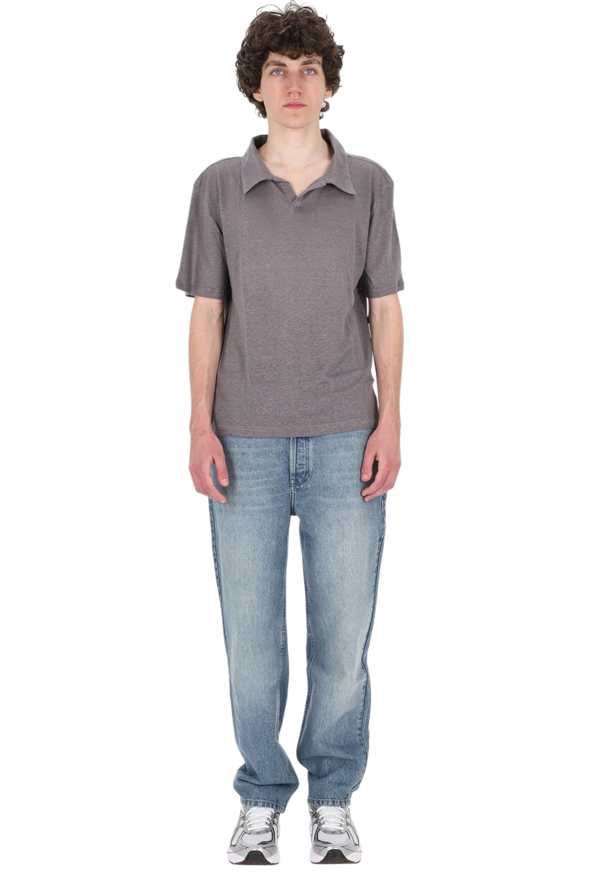 Officine Générale Polo in lino open collar MTEE214 SMOKED PEARL