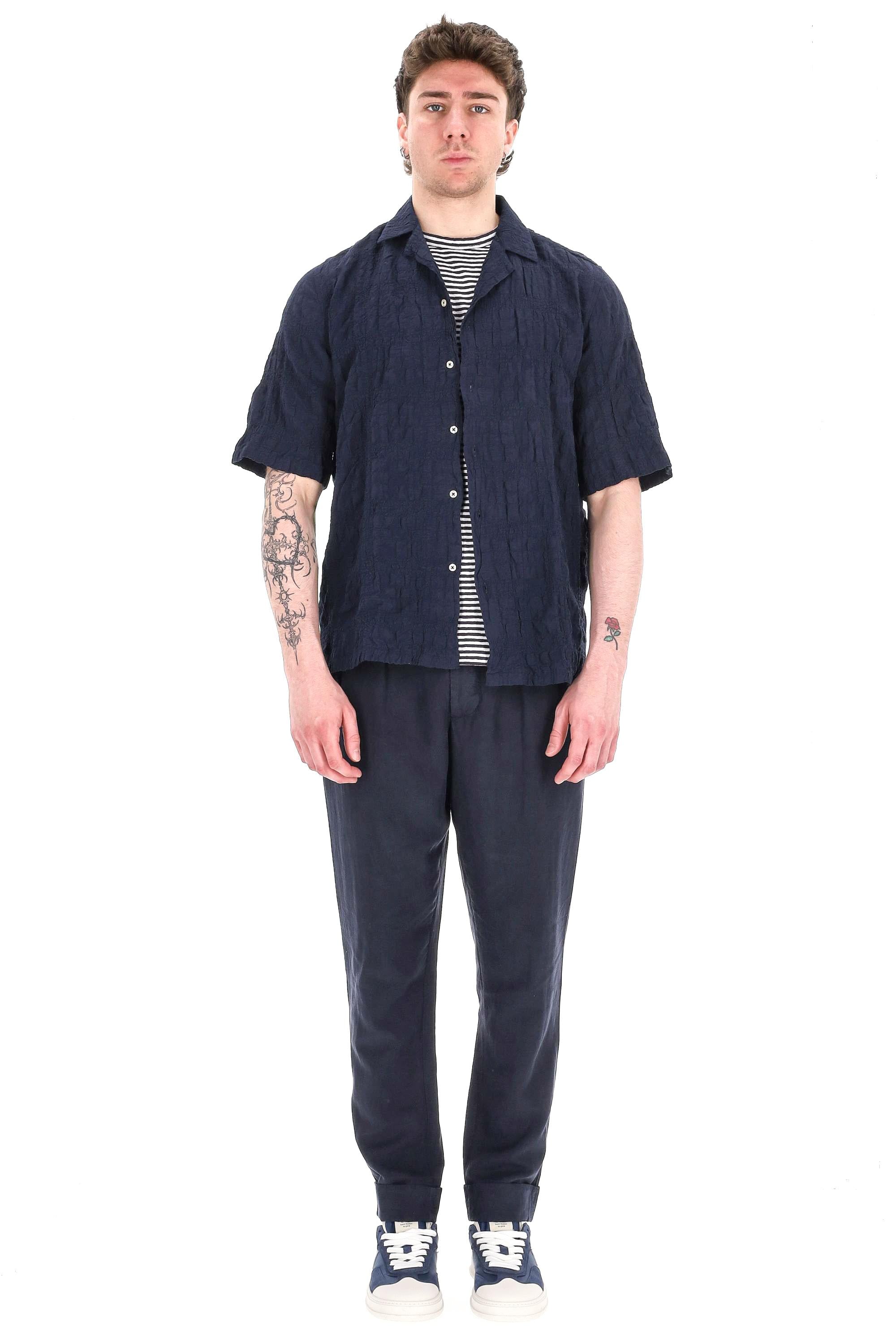 Officine Générale Camicia mezza manica in cotone goffrato MSHI014 NIGHT SKY