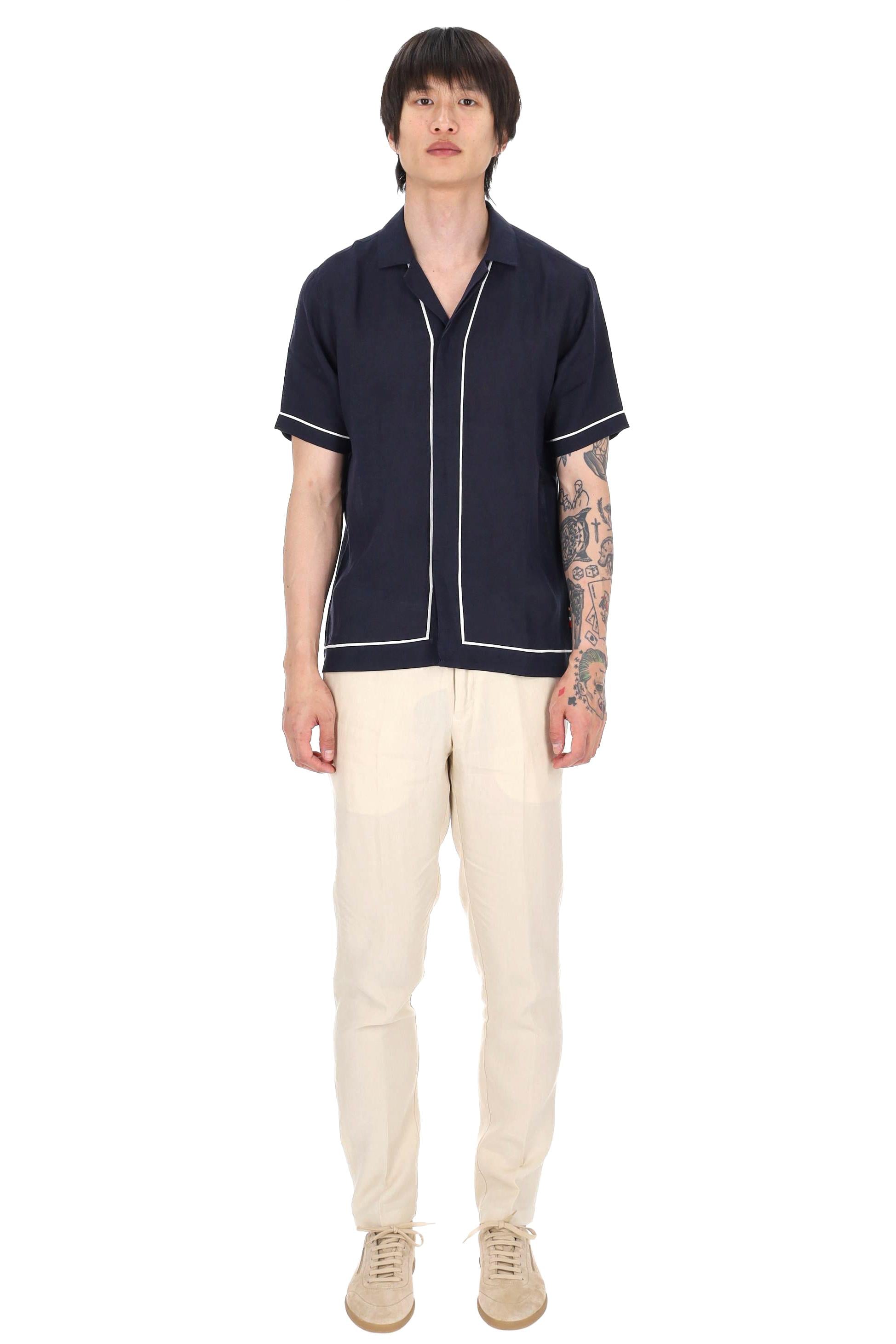 Orlebar Brown Camicia in lino double piping mod. Maitan 281817 NIGHT IRIS/WHITE SAND