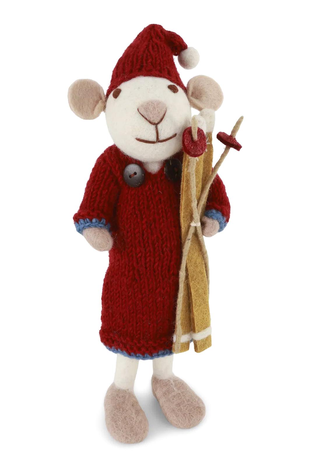 Gry&Sif Topina bianca media con vestito rosso in maglia e sci 80425 NN