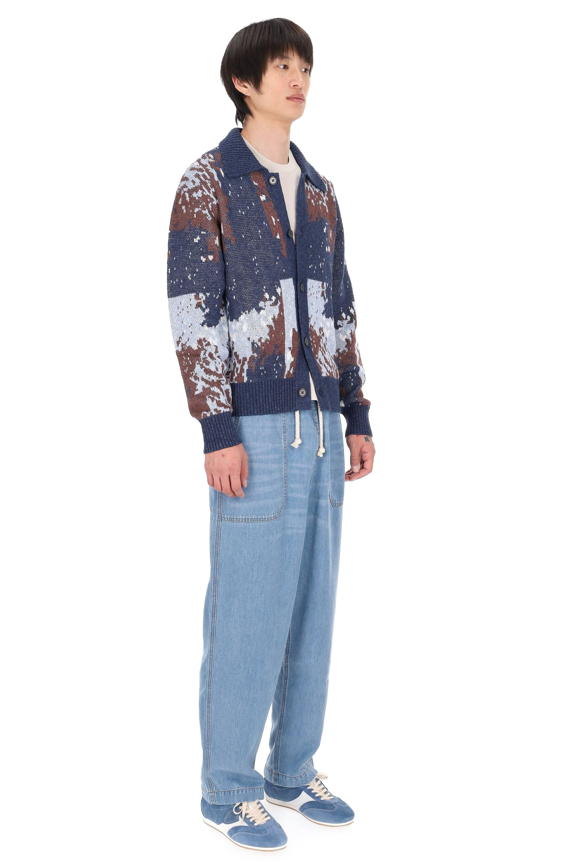 Officine Générale Maglia cardigan in cotone-lino terry jacquard MKNT307 NV/COCOA/BLUE/WH