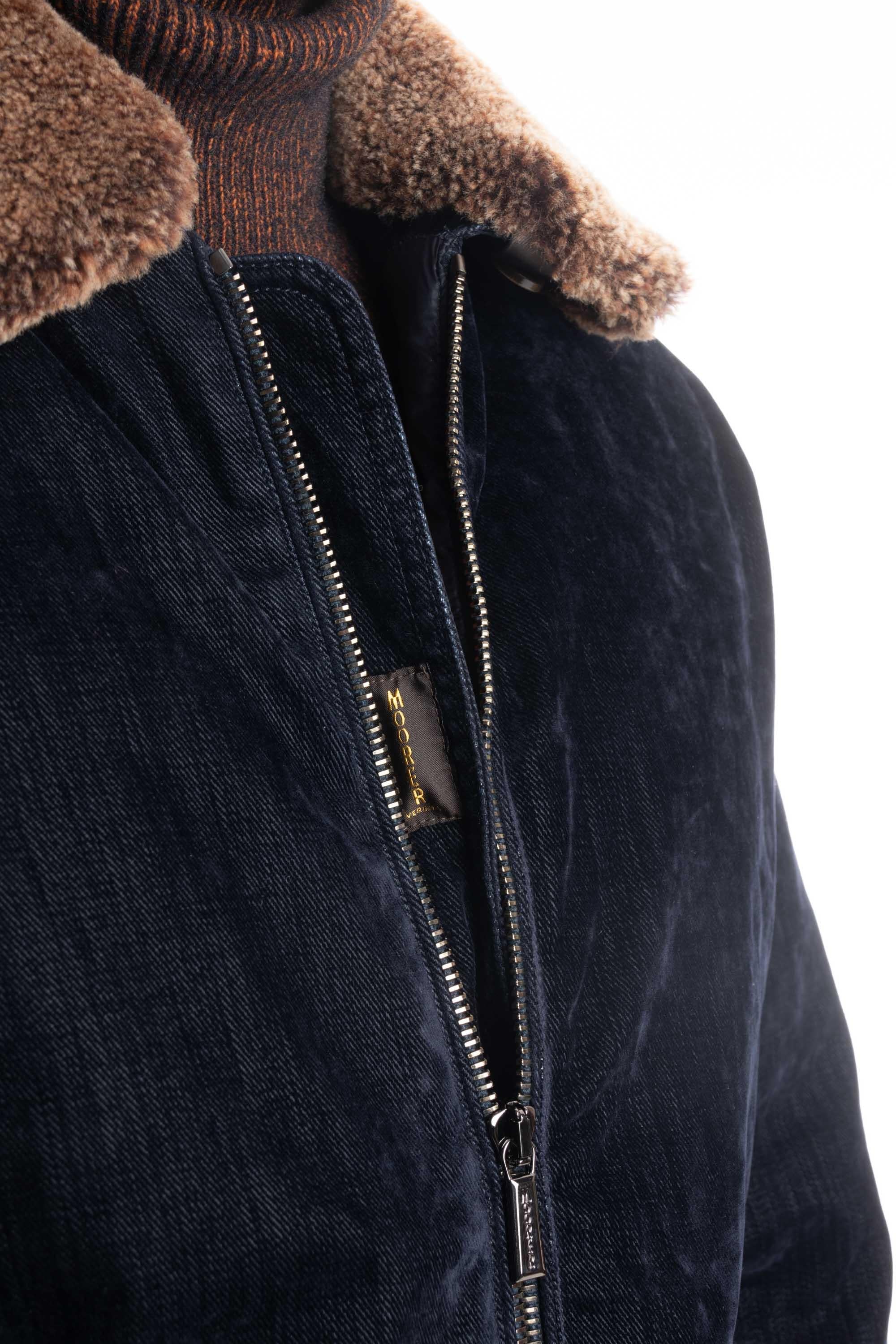 Moorer Bomber in denim floccato imbottito in piuma con collo in montone HENDRIC-41 DARK BLU