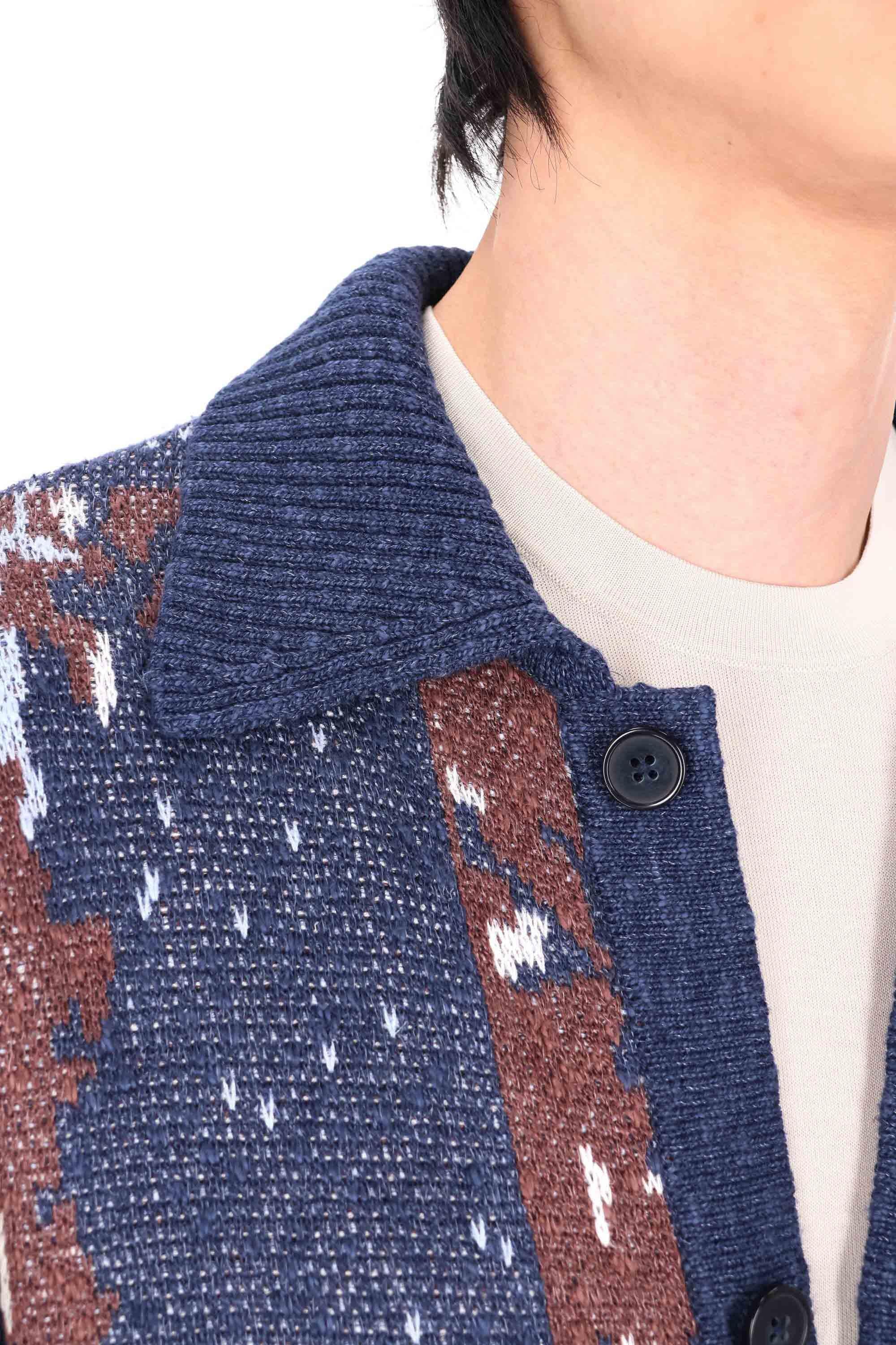 Officine Générale Maglia cardigan in cotone-lino terry jacquard MKNT307 NV/COCOA/BLUE/WH