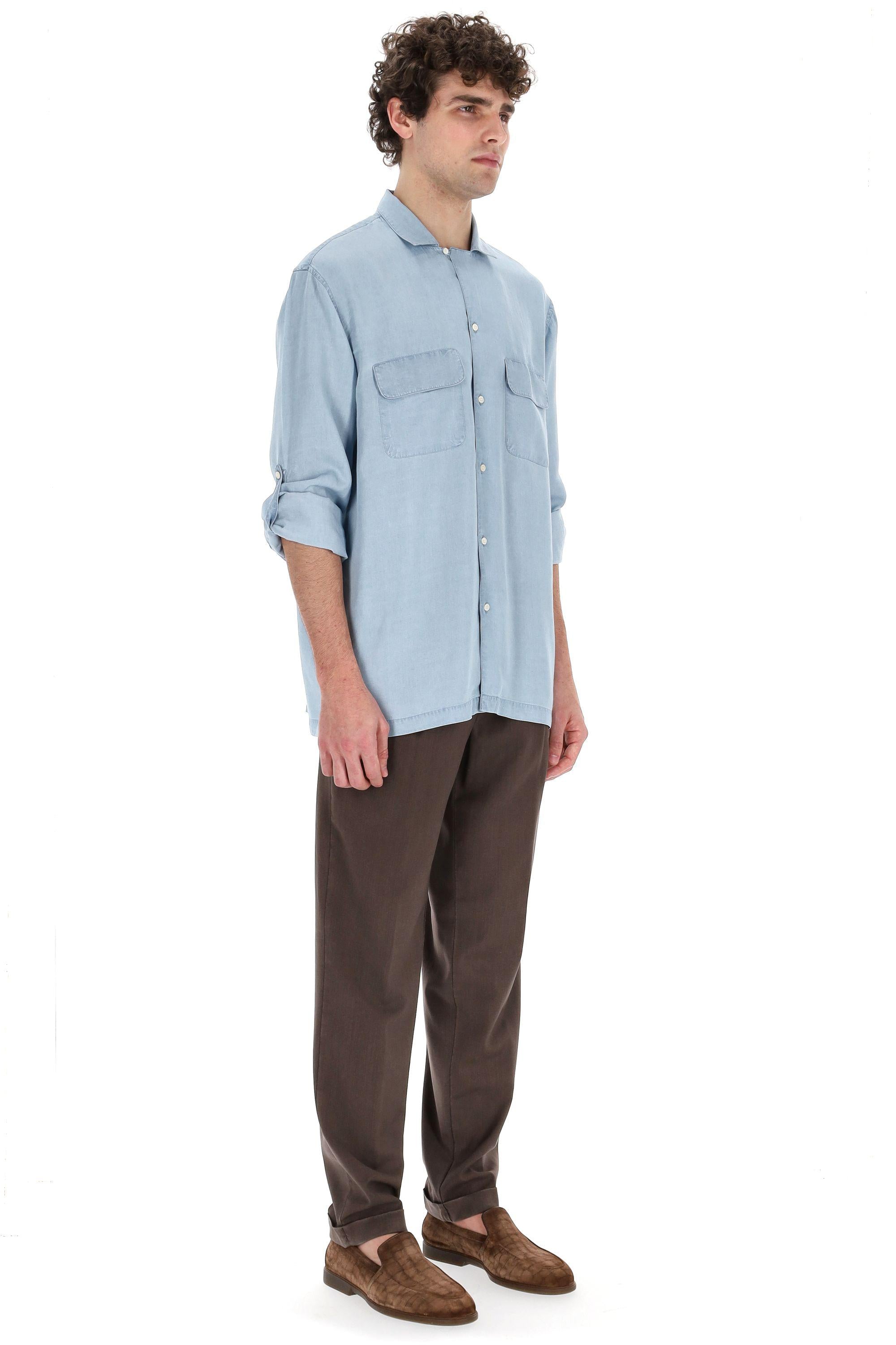 Officine Générale Camicia in lyocell collo bowling mod. Leto MSHI031 LIGHT BLUE