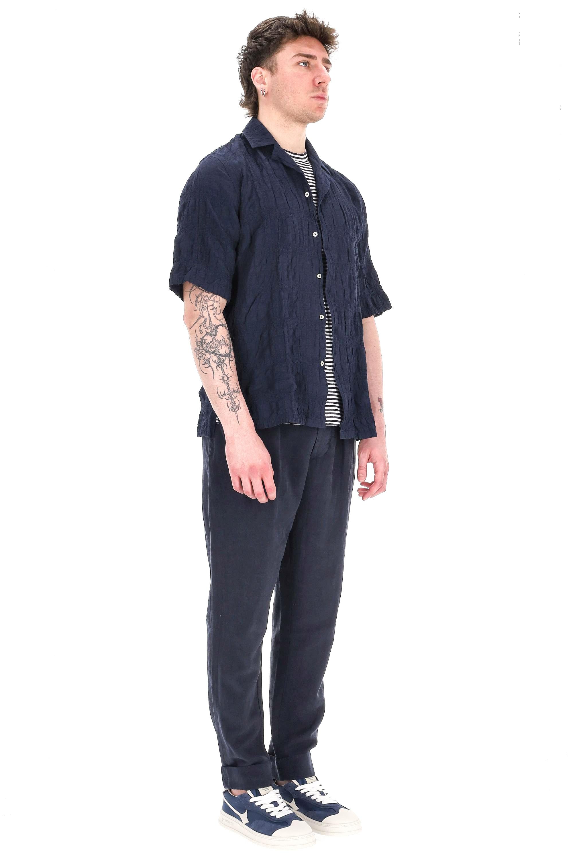 Officine Générale Camicia mezza manica in cotone goffrato MSHI014 NIGHT SKY