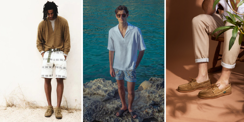 Look estivi uomo: bermuda chiari Isabel Marant, outfit mare costume Orlebar Brown, mocassini da barca Paraboot | Setaccio