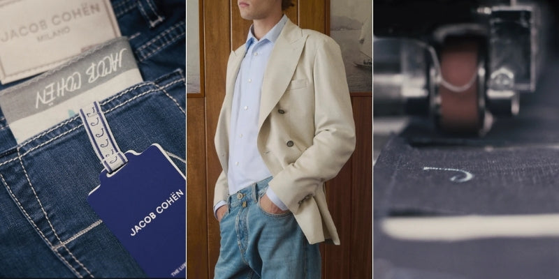 Jacob Cohën: dettaglio patch posteriore; indossato uomo con denim, camicia e blazer; manifattura sartoriale | Setaccio Novara
