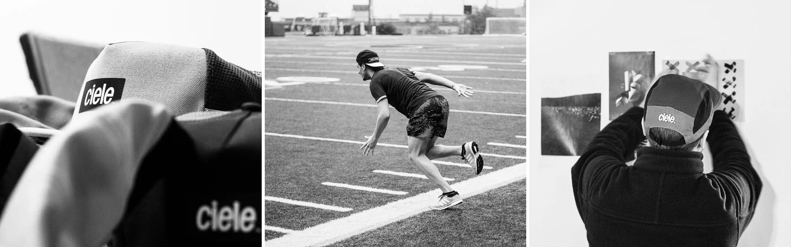Ciele Athletics: cappellini tecnici traspiranti running e lifestyle. In b/n: dettagli logo e runner in azione | Setaccio