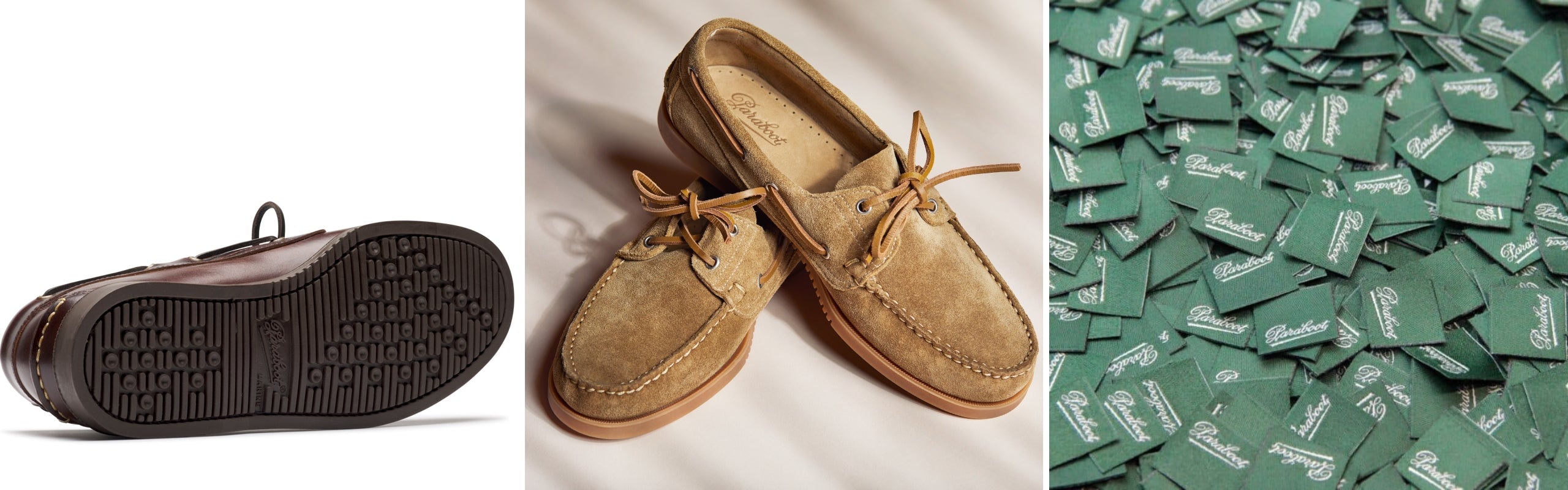 Paraboot: suola in gomma, scarpe da barca in suede sabbia ed etichette logo verdi | Setaccio