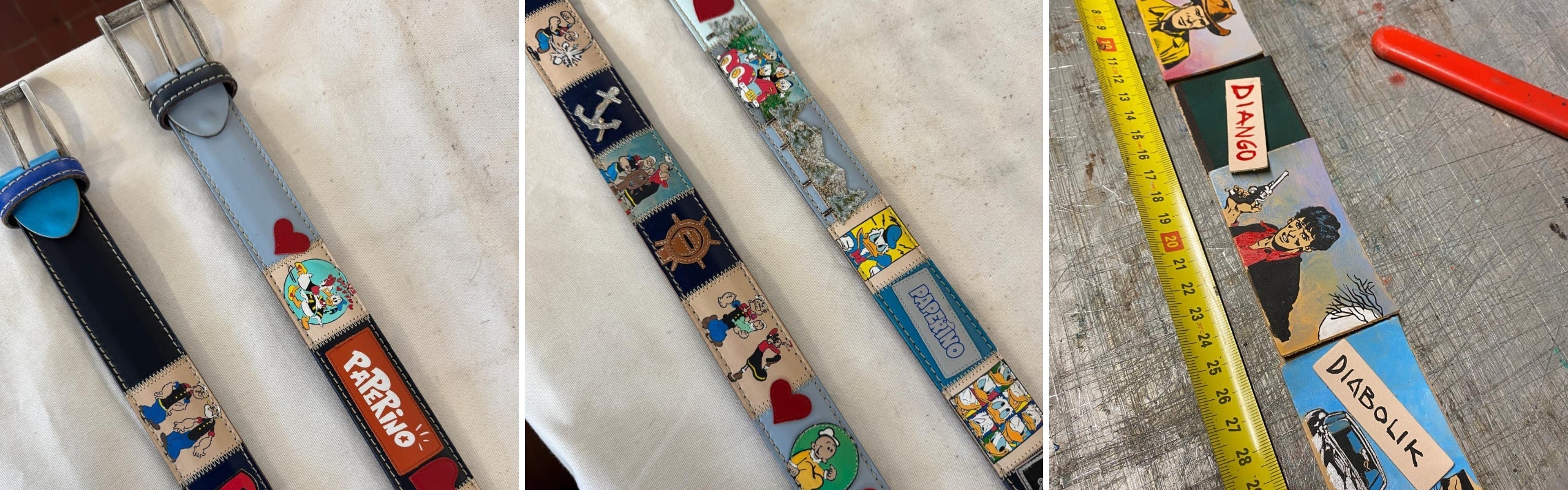 Cinture Artigianato Italiano dipinte a mano: icone cartoon e cinema Paperino e Diabolik