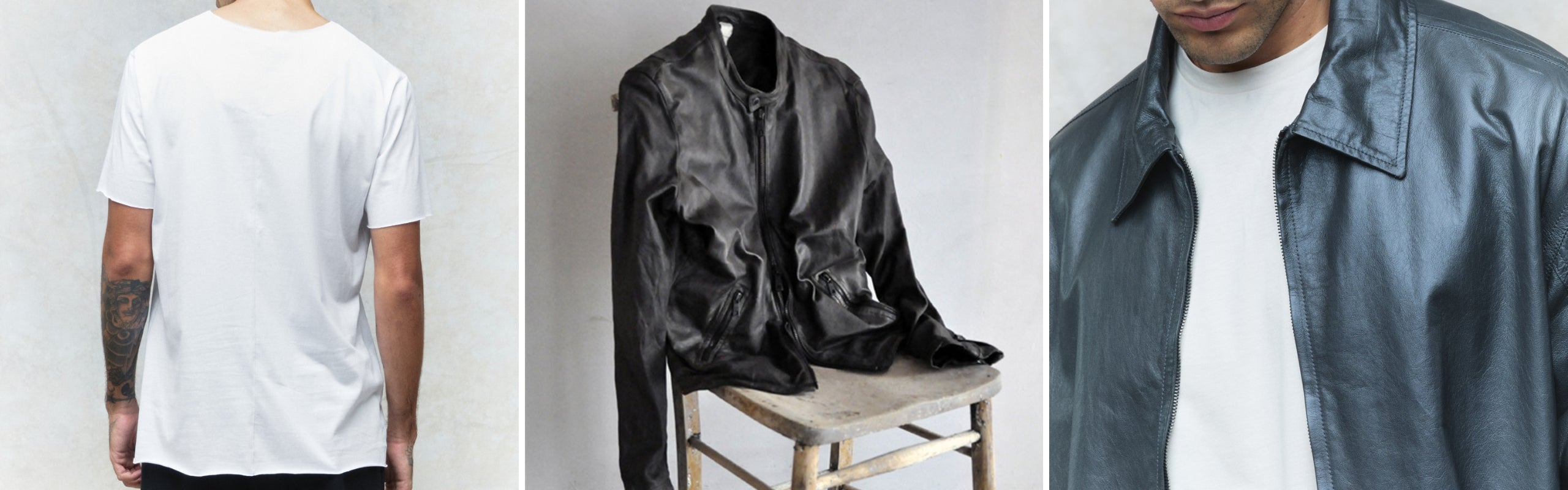 Giorgio Brato: look t-shirt e giacca pelle effetto vintage. Bomber nero rock-artigianale Made in Italy | Setaccio Novara