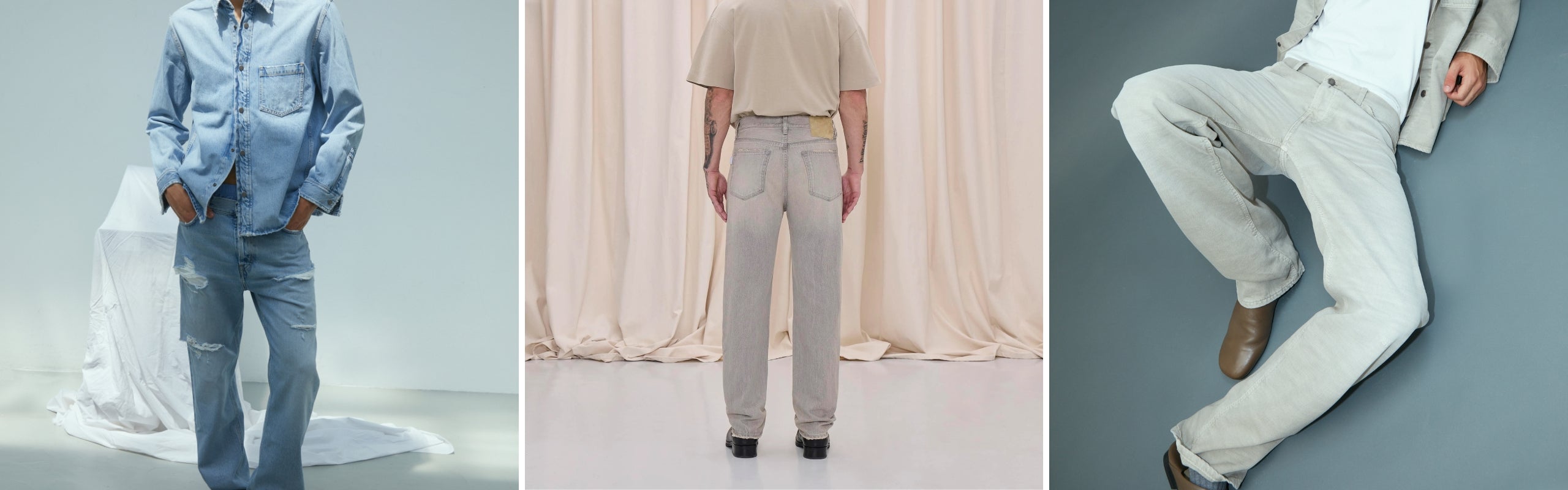 Haikure uomo: jeans denim strappati, jeans grigio retrò e look casual contemporaneo. Denim sostenibile e minimal | Setaccio
