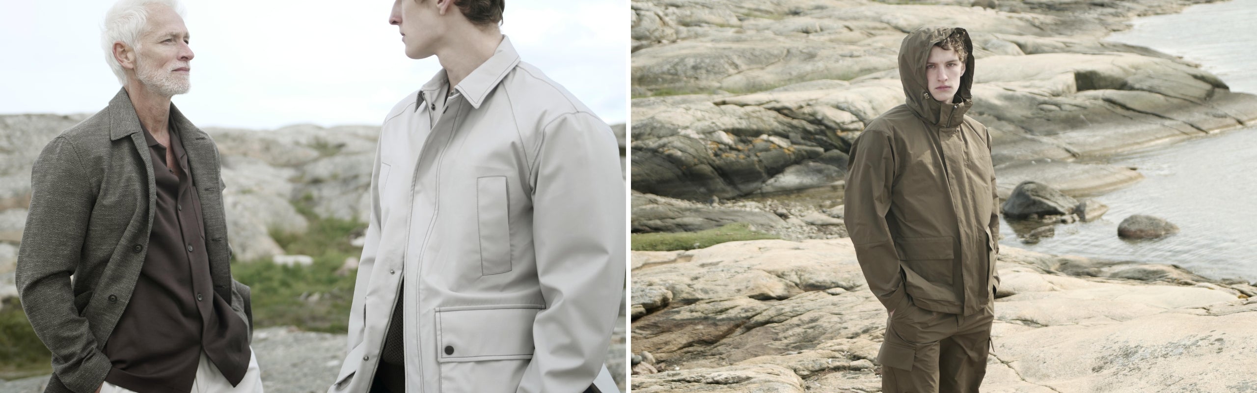 Herno uomo: look con giacca grigia impermeabile e capospalla morbido, antivento marrone. Functional wardrobe | Setaccio