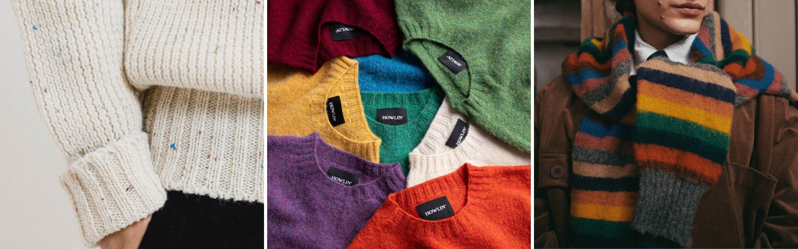 Howlin' uomo: dettaglio maglione chiaro, a righe e insieme varie colorazioni. Tessuti pregiati ed estetica creativa | Setaccio