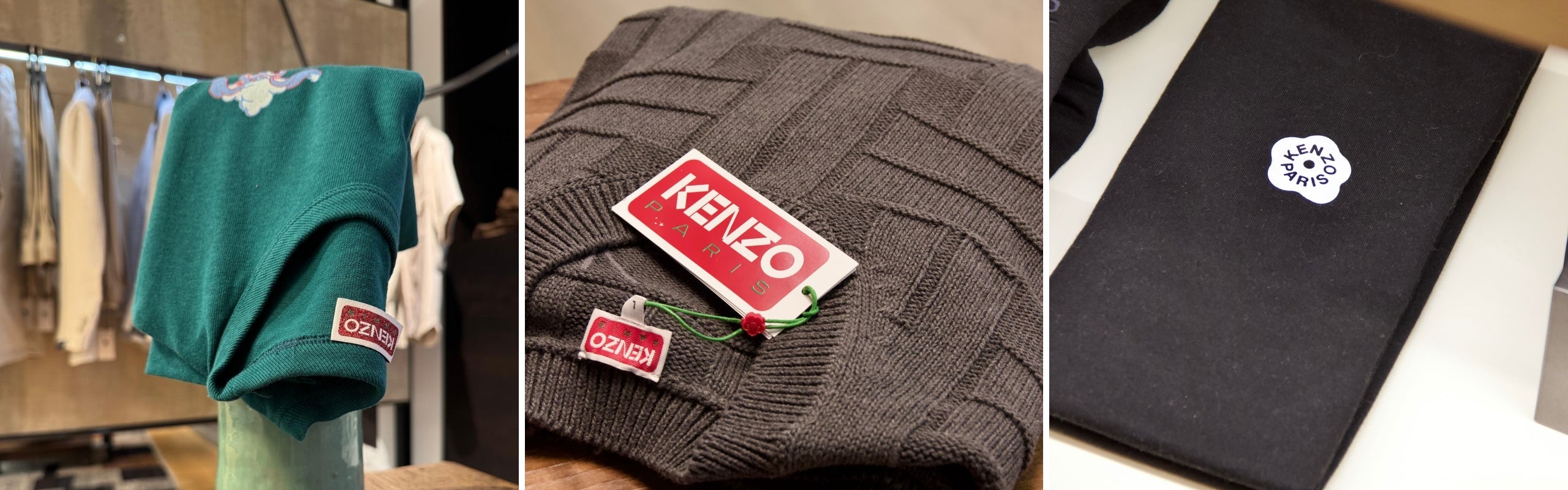 Kenzo uomo: esposizione maglioni grigio e verde, t-shirt nera boke flower | Abbigliamento lusso contemporaneo Setaccio