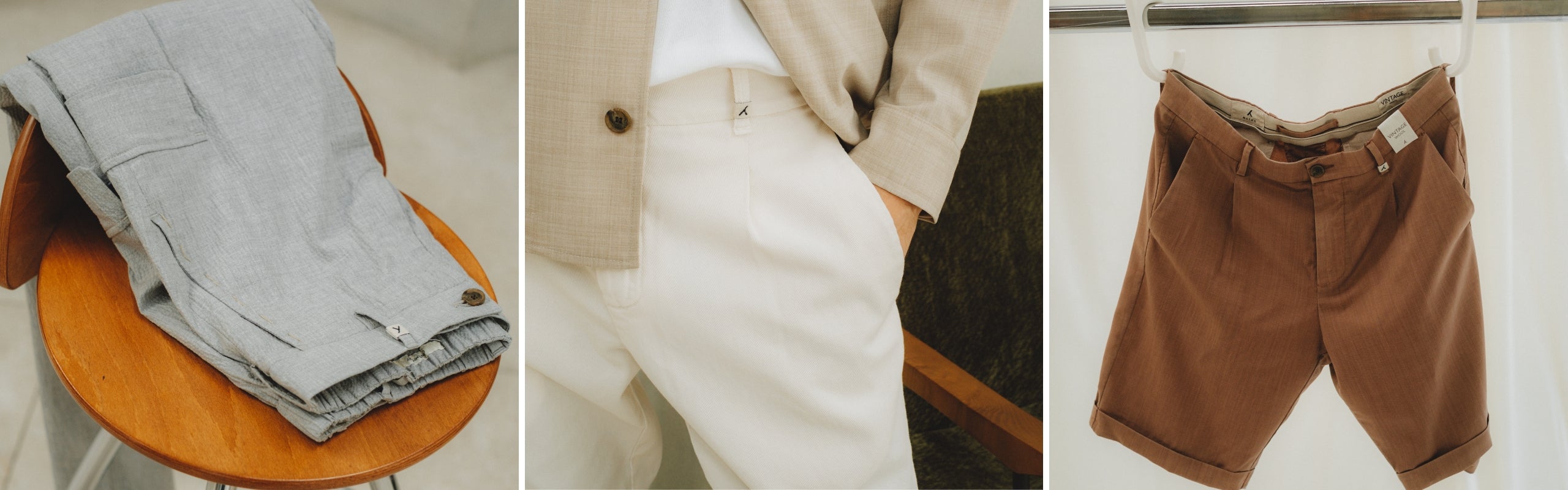 Myths: pantaloni Ares grigi e Ice Cotton beige, bermuda in cotone lana marroni. Pantaloni sartoriali uomo | Setaccio Novara