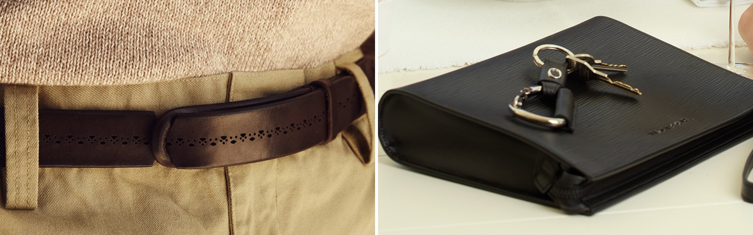 Orciani uomo: cintura in pelle marrone laserata, pochette nera e portachiavi. Accessori artigianali in pelle | Setaccio