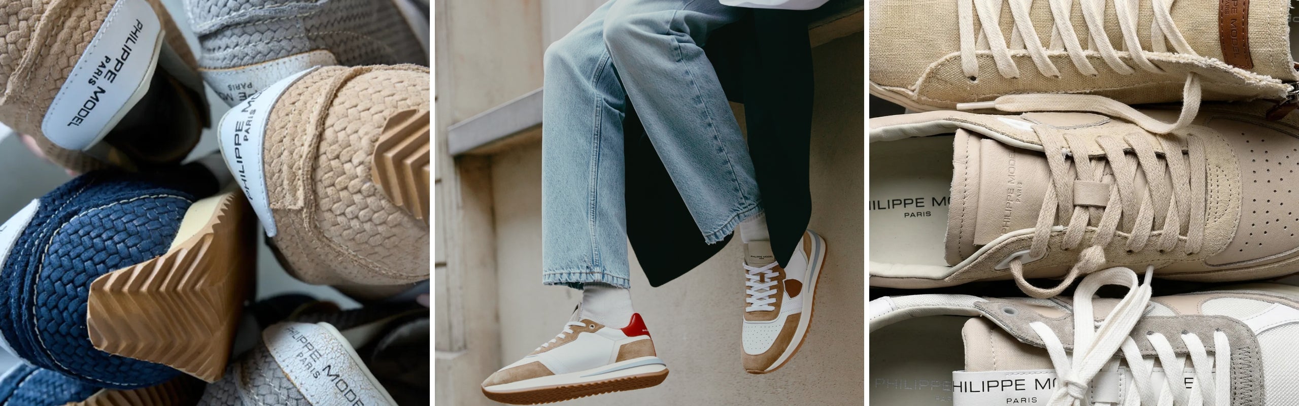 Philippe Model uomo: dettagli lavorazione sneakers, indossato bianche effetto vintage. Made in Italy | Setaccio Novara
