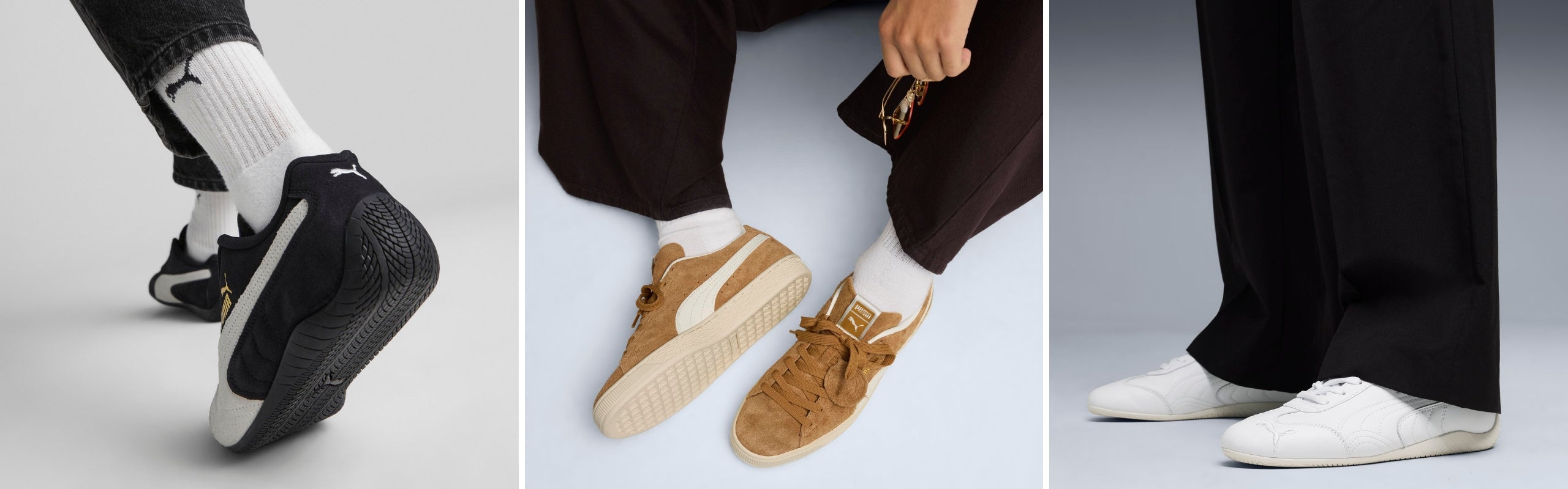 Sneakers Puma: Speedcat bianco, nero e Charles suede tabacco. Look urban uomo e donna | Setaccio