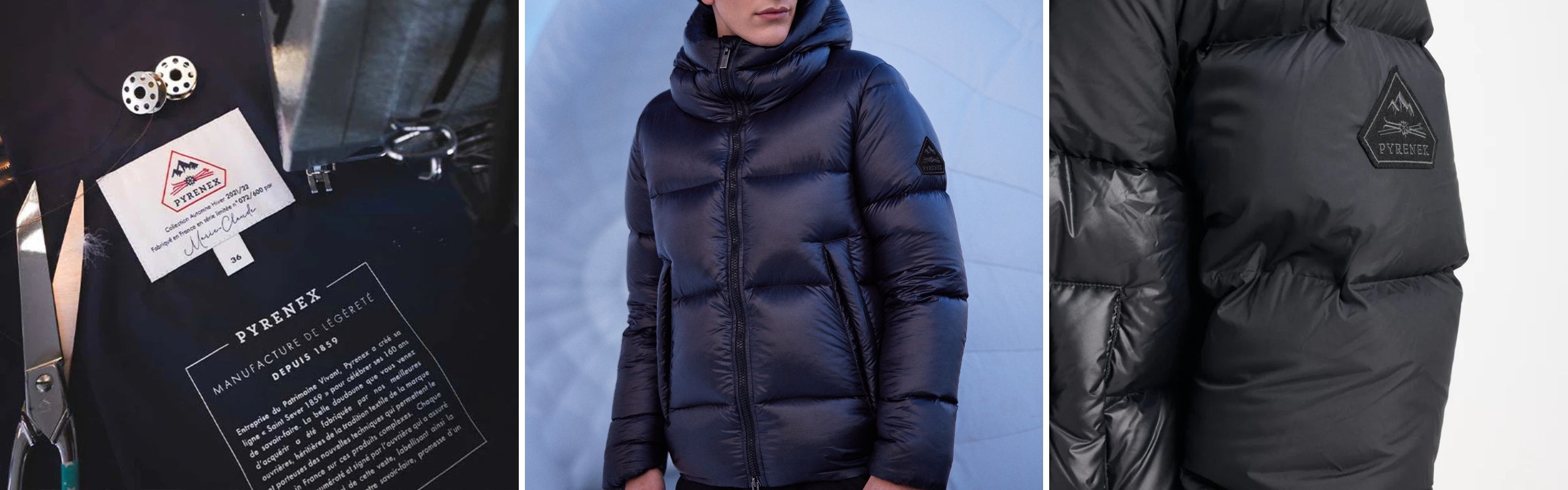 Pyrenex uomo: dettagli manifattura artigianale e logo patch, indossato con cappuccio. Piumini outdoor o da città | Setaccio