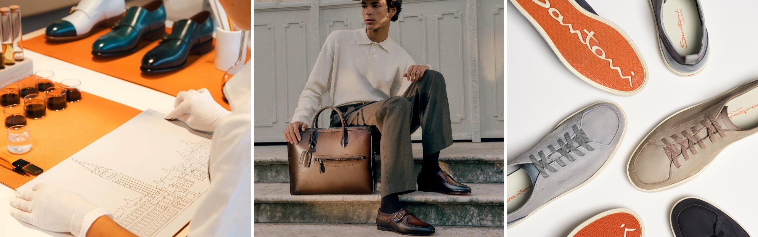 Santoni: artigianalità; indossato scarpe eleganti e borsa pelle; sneakers. Calzature italiane fatte a mano | Setaccio